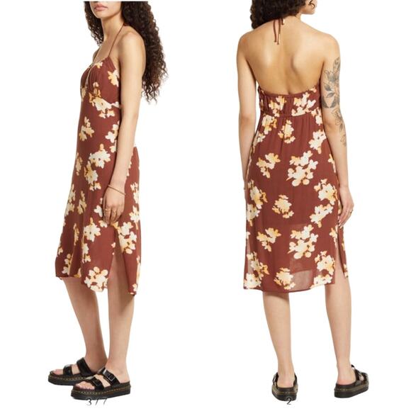 BP Nordstrom Halter Midi Dress In Brown Ivory Floral Size S Sundress Sleeveless - Picture 2 of 9